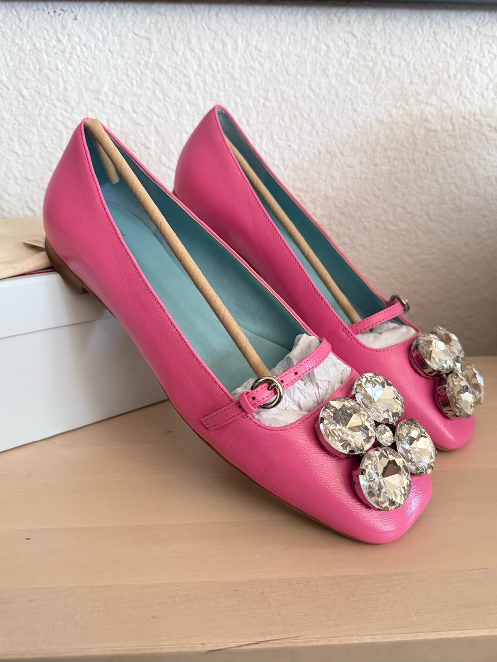 Frances Valentine Pink Josephine Square Toe Ballet Flat Crystal Jewels-9. NWT View 4